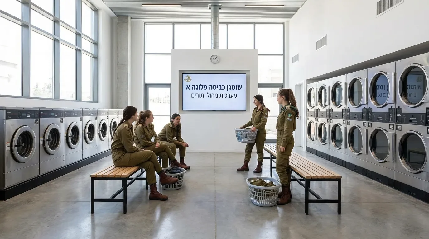 חדר כביסה משותף מודרני עם מכונות כביסה